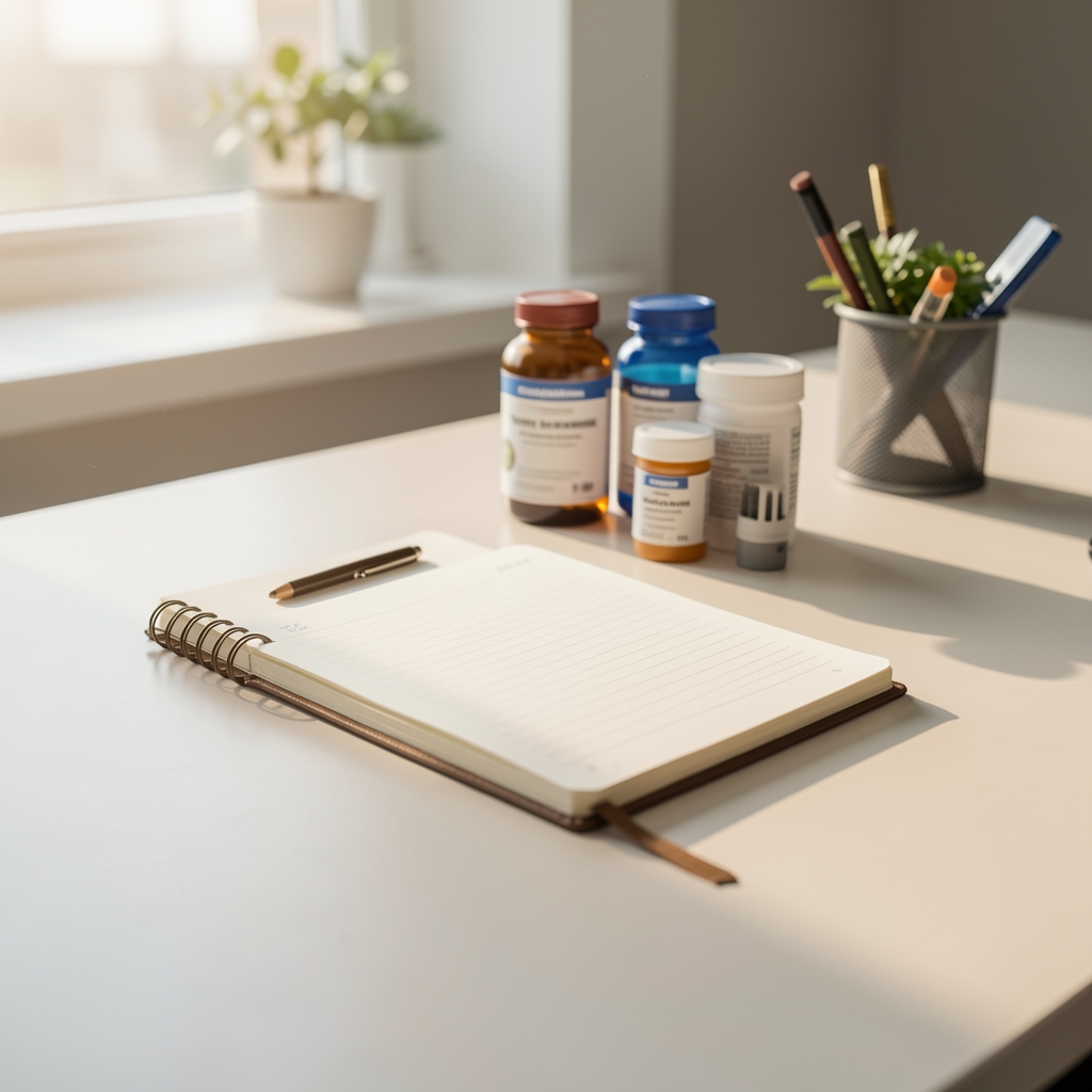 Editorial workspace with notebook, supplement containers, and morning light on a clean desk surface