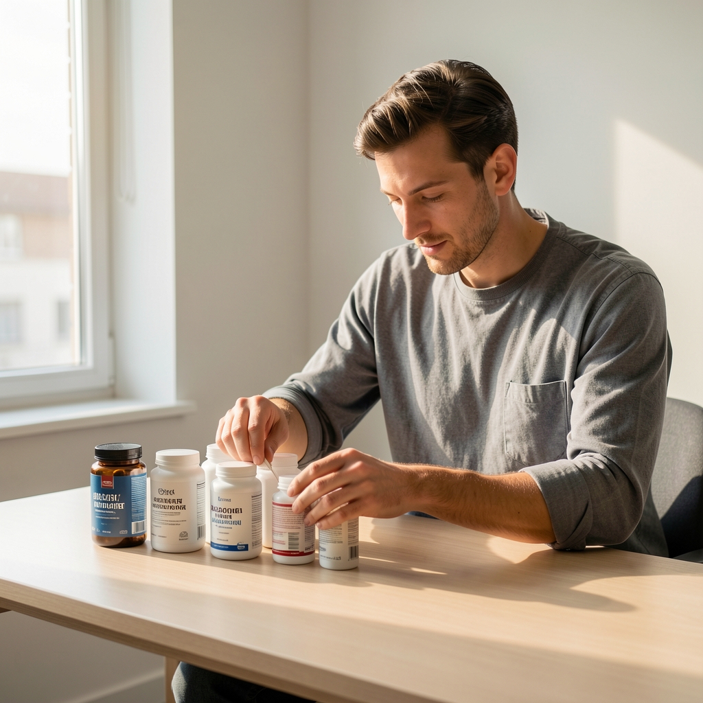 Man organising supplement containers on a minimal desk, morning light coming through a window, editorial composition