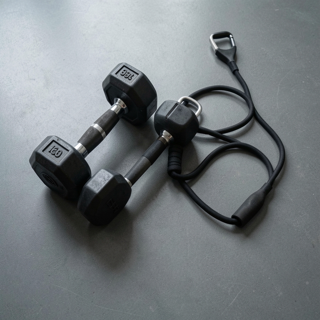 Weights and resistance band on a clean gym floor surface, overhead editorial composition