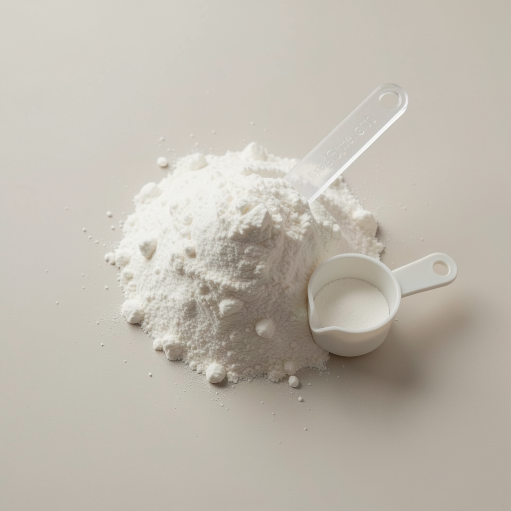 Creatine powder and measuring scoop on a pale surface, overhead editorial photograph, neutral background