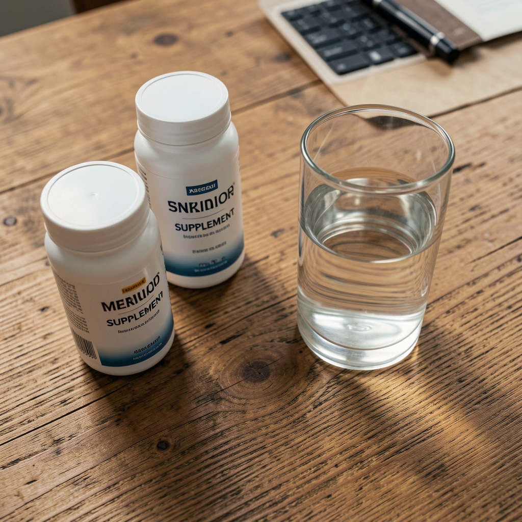 Supplement containers and a glass of water on a wooden desk, editorial flat lay composition