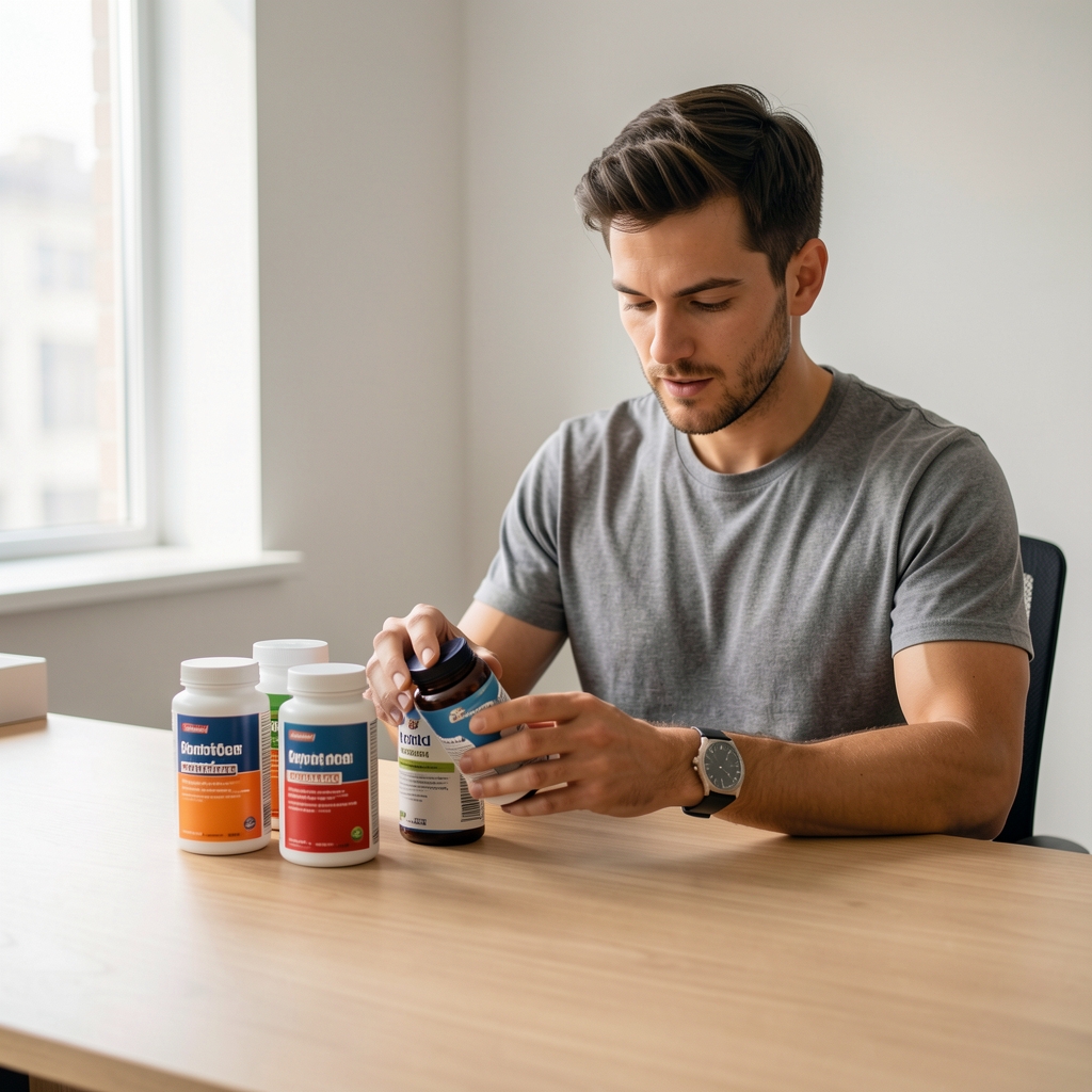 Active man reviewing supplement containers on a clean wooden desk, editorial flat lay composition, natural morning light